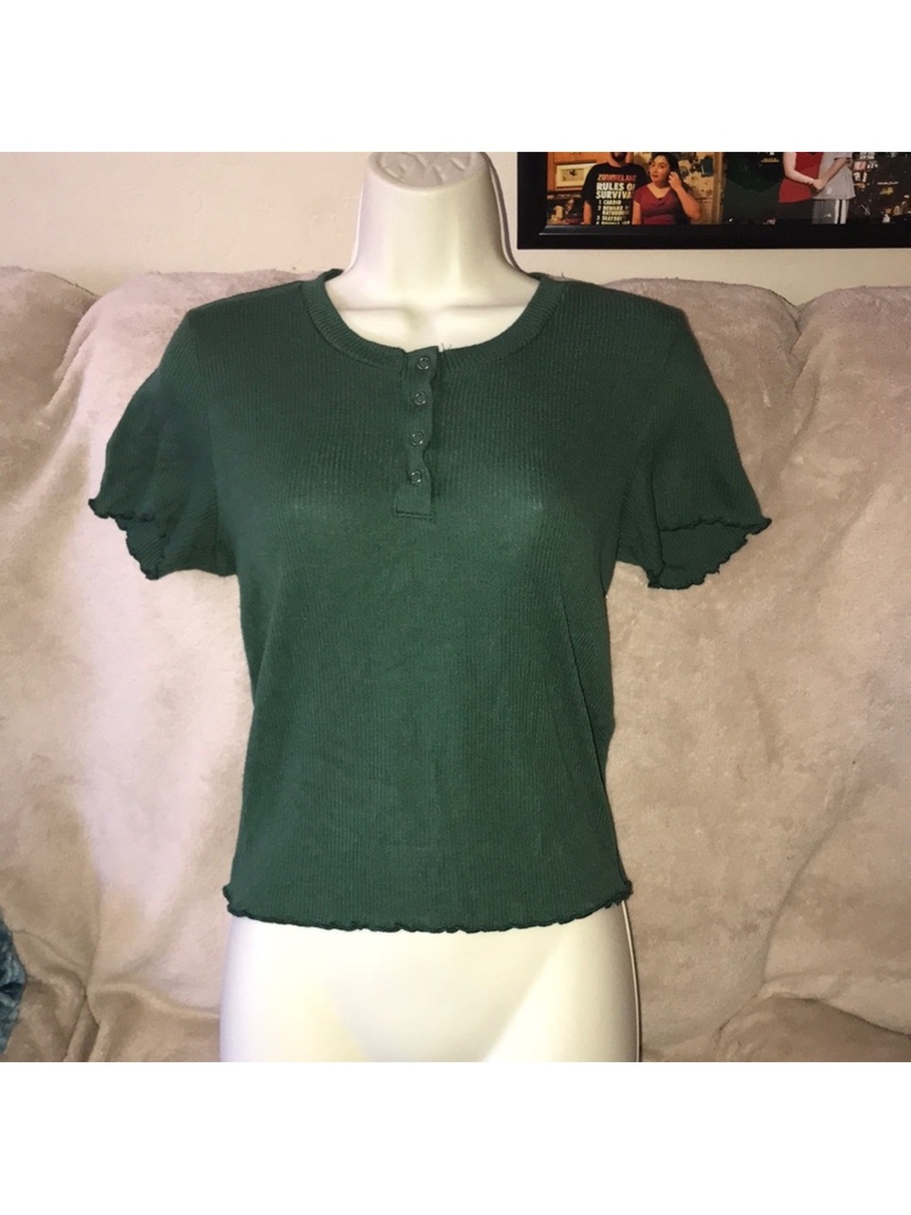 American Eagle outfitters S/P/CH Green Ribbed Short-Sleeve Henley Top